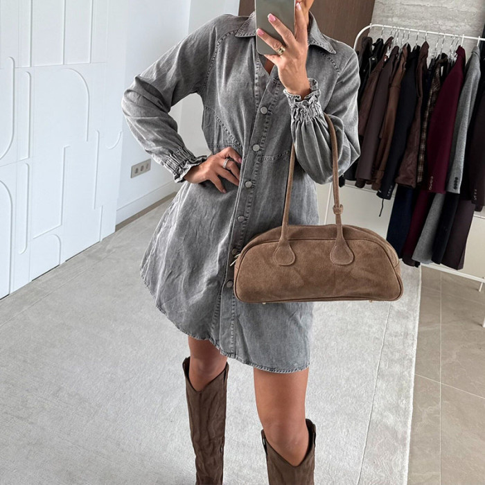 Women's Elegant Lapel Draped Denim Dress Causal Long Sleeve Solid Color Short Dress Fashion Single breasted Loose Party Dresses
