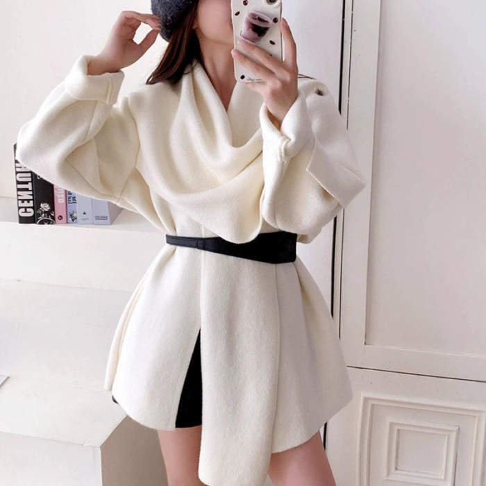 Women's Casual Long Sleeve Solid Midi Jacket Winter Fashion Design Sweater Tops Autumn Elegant Asymmetrical Scarf Knitted Coats