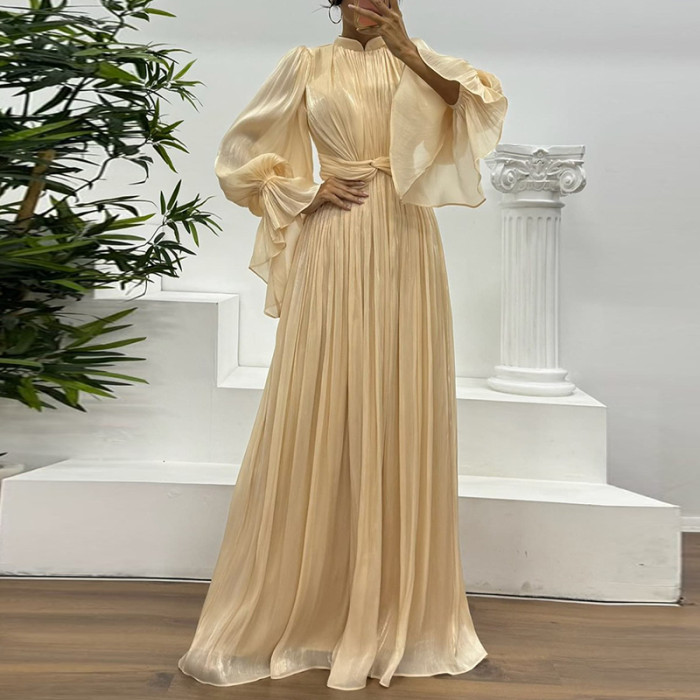 French Style Satin Flare Sleeve Pleat Evening Dress Elegant Lady O-neck High Waist Banquet Dress Casual Simple Solid Color Dress