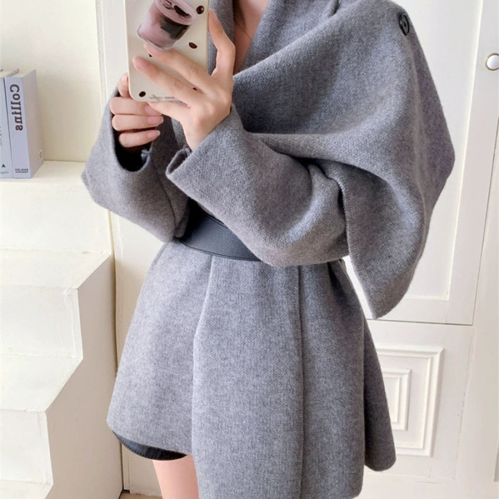Women's Casual Long Sleeve Solid Midi Jacket Winter Fashion Design Sweater Tops Autumn Elegant Asymmetrical Scarf Knitted Coats