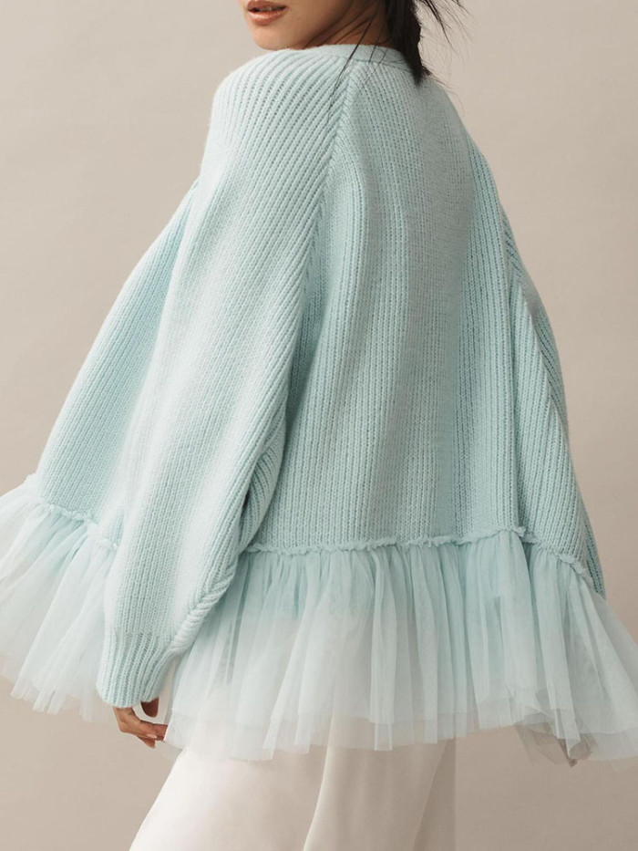 Elegant Casual Commuting Overcoat 2025 Autumn Winter New Lace Hem Knitted Cardigans Ladies Solid Color Loose Warm Sweater Coat