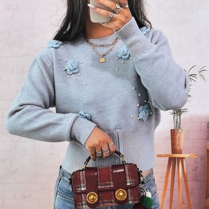 Fashion Dimensional Flower Pearl Pullover Jumper Women Casual Long Sleeve Slim Knitted Tops Elegant Round Neck Commuter Sweater