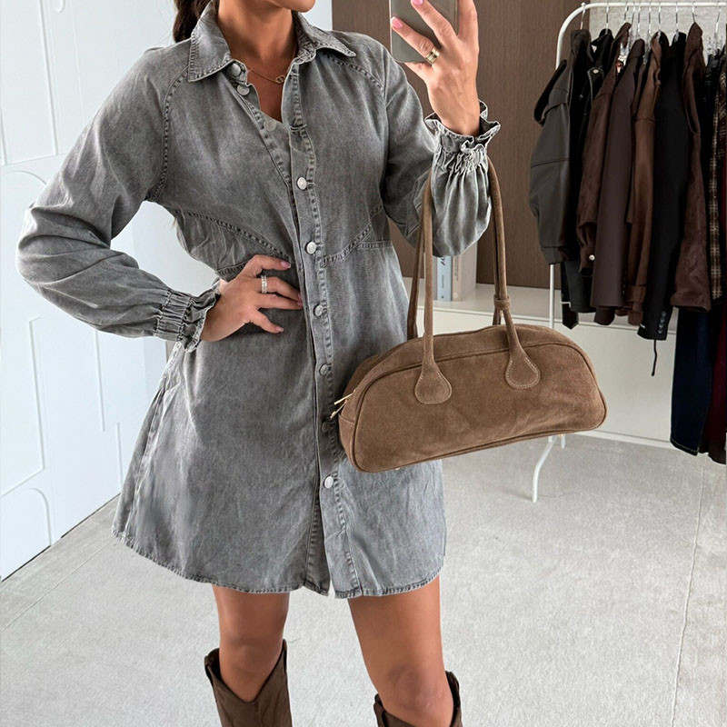 Women's Elegant Lapel Draped Denim Dress Causal Long Sleeve Solid Color Short Dress Fashion Single breasted Loose Party Dresses