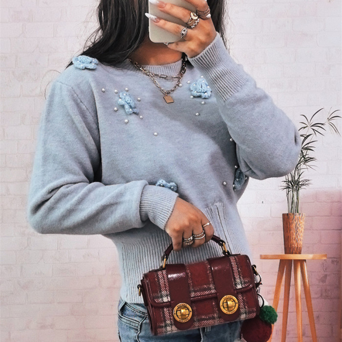 Fashion Dimensional Flower Pearl Pullover Jumper Women Casual Long Sleeve Slim Knitted Tops Elegant Round Neck Commuter Sweater