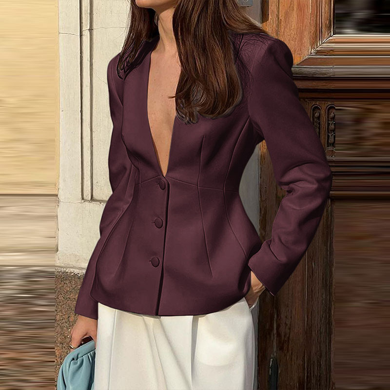 Elegant Solid Color Slim Commute Suits Coat Fashion Women Autumn Simple Outerwear for Women Sexy Deep V Neck Long Sleeve Jacket