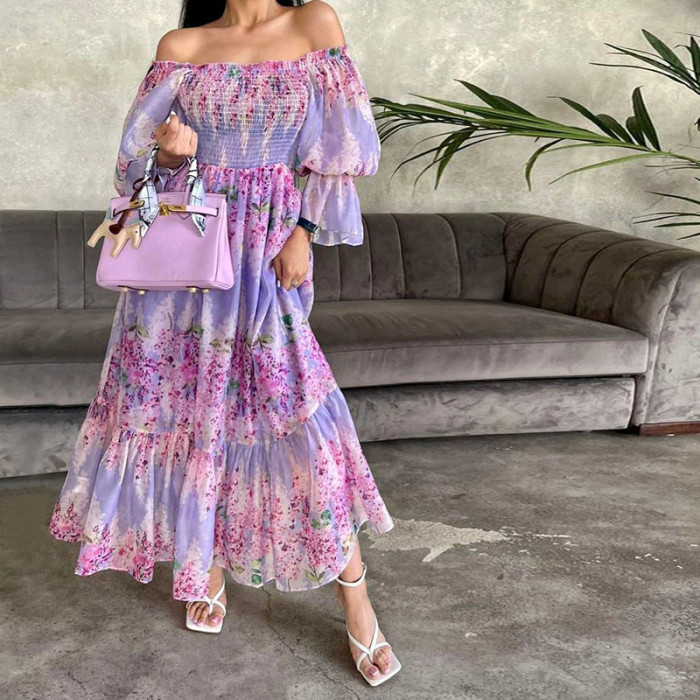 Autumn New Long Sleeve Big Hem Dress Sexy One-shoulder Floral Printed Party Dress Elegant Lady Elastic Waist Pleat Evening Dress