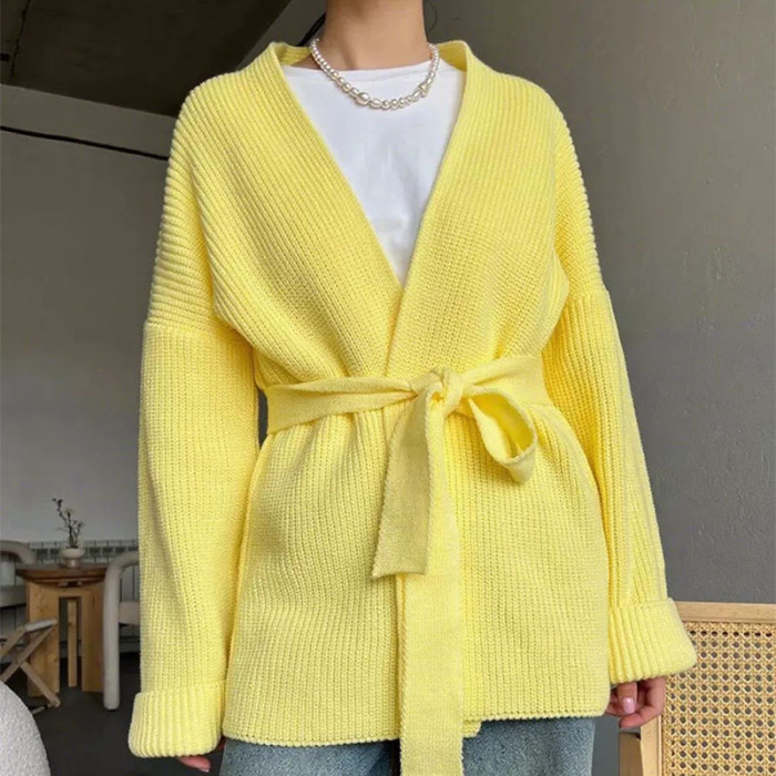 Autumn Winter Casual Sweater Outercoat 2025 Elegant V-neck Long Sleeve Cardigan Coat Women Fashion Lace-Up Solid Loose Cardigan