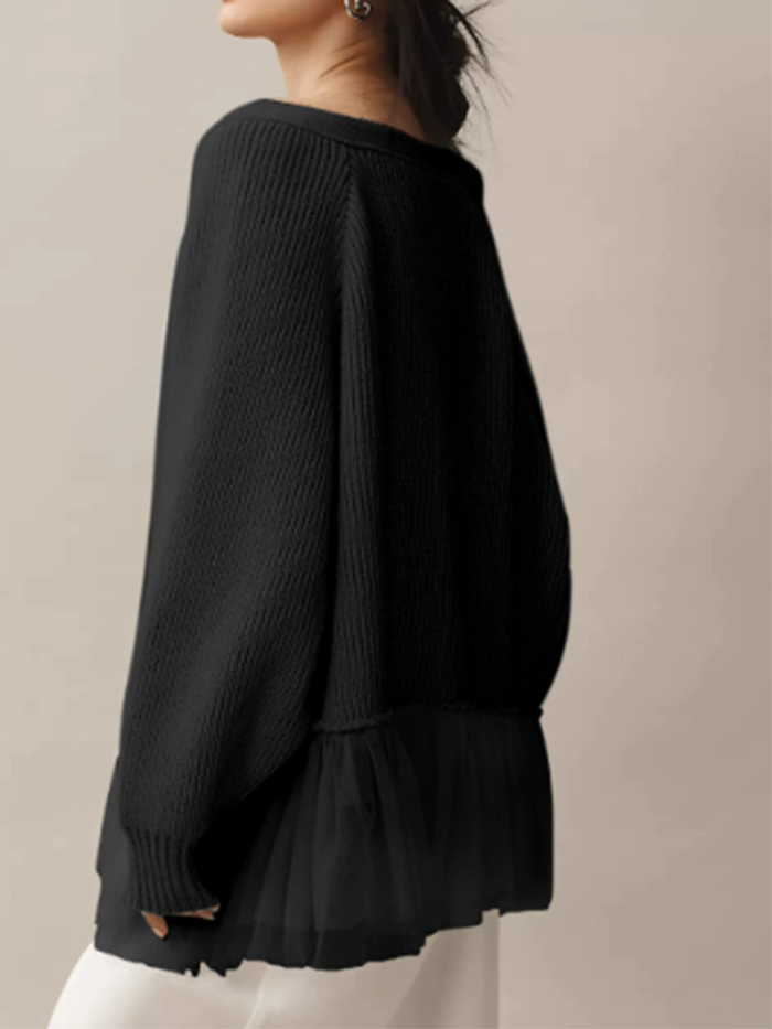 Elegant Casual Commuting Overcoat 2025 Autumn Winter New Lace Hem Knitted Cardigans Ladies Solid Color Loose Warm Sweater Coat