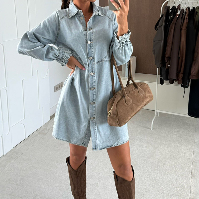 Women's Elegant Lapel Draped Denim Dress Causal Long Sleeve Solid Color Short Dress Fashion Single breasted Loose Party Dresses