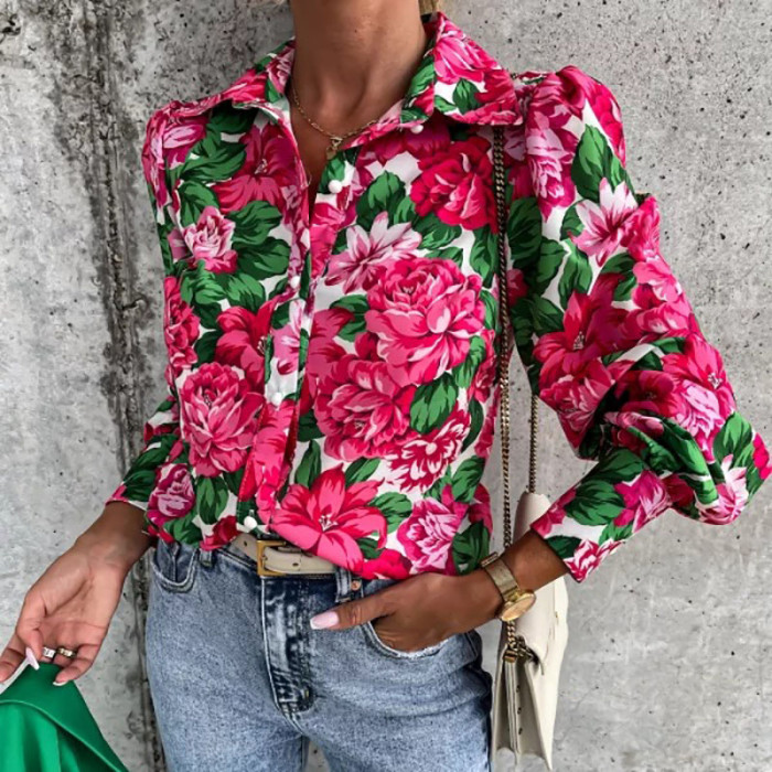 2025 Elegant Button Spring Shirt Streetwear Autumn New Fashion Flower Print Commuting Top Women Casual Lapel Collar Loose Blouse