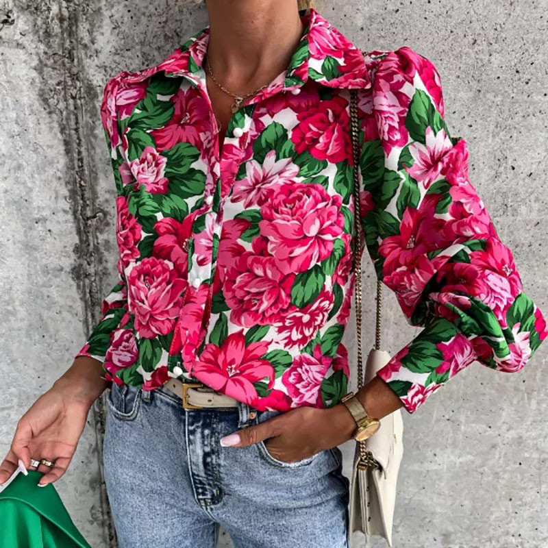 2025 Elegant Button Spring Shirt Streetwear Autumn New Fashion Flower Print Commuting Top Women Casual Lapel Collar Loose Blouse