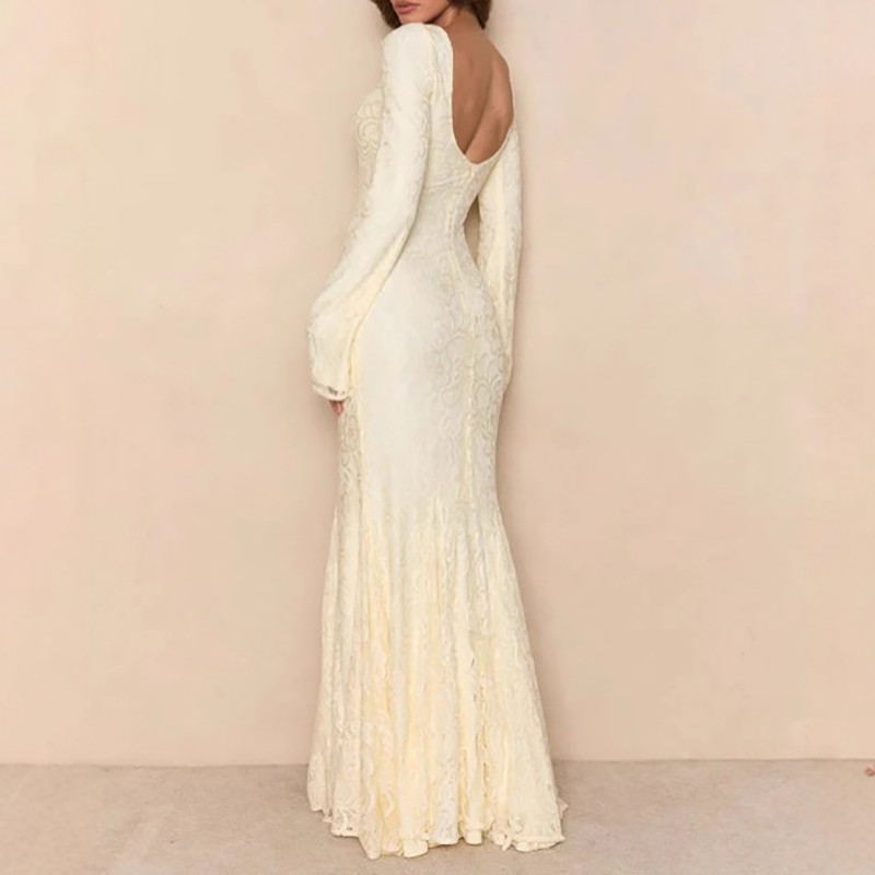 Sexy U Collar Lace Fishtail Backless Dress Elegant Solid Color Slim Evening Party Dress Temperament Long Sleeve Lace Up Dresses