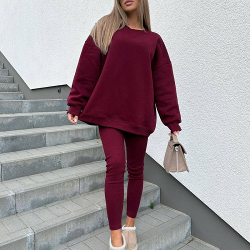 Autumn Winter Solid Color Sportswear Tracksuit Women Casual Round Neck Sweatshirt and Slim Pant Set Long Sleeve 2pcs Suit Outfit