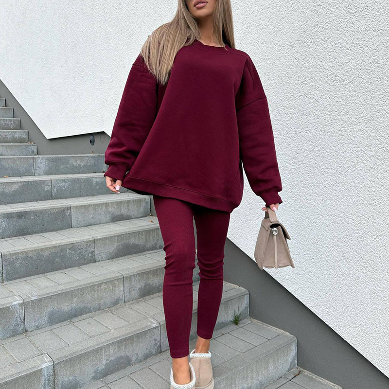 Autumn Winter Solid Color Sportswear Tracksuit Women Casual Round Neck Sweatshirt and Slim Pant Set Long Sleeve 2pcs Suit Outfit
