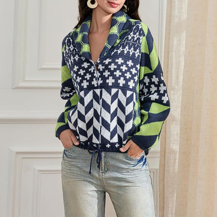 Autumn Elegant Soft Hooded Jacket Women Fashion Pattern Print Loose Short Coats Winter Casual Long Sleeve Pocket Knit Outercoat