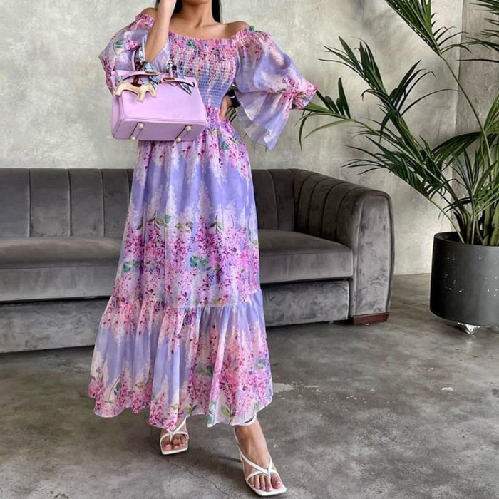 Autumn New Long Sleeve Big Hem Dress Sexy One-shoulder Floral Printed Party Dress Elegant Lady Elastic Waist Pleat Evening Dress