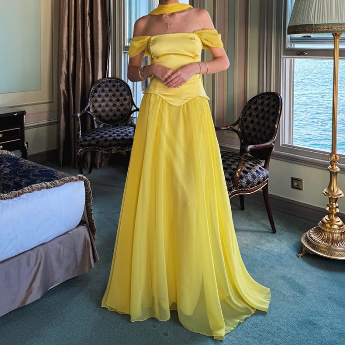 French Style Elegant Satin Spliced Mesh Dress Elegant Tube Top Sleeveless Pleat Evening Dress Sexy Backless Ribbon Women's Dress