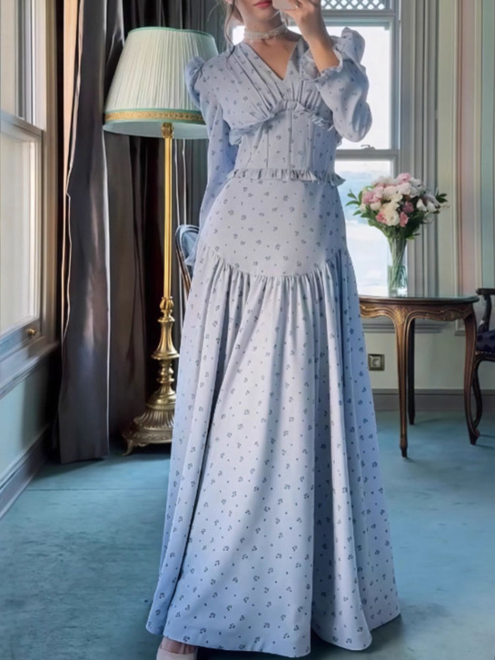 Romantic French Style Floral Print Dress Elegant Long Sleeve Pleated A-line Dress Temperament V-neck Nipped Waist Princess Dress