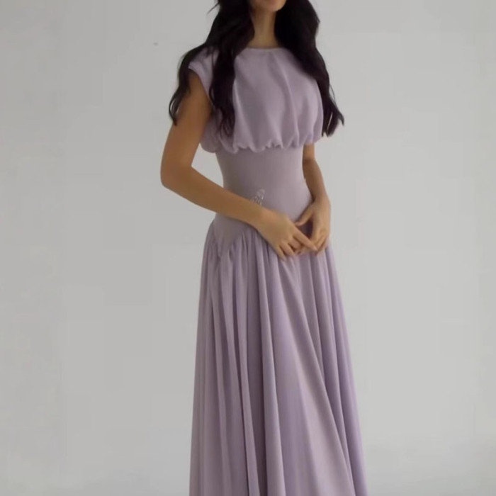 Elegant O-neck Sleeveless Slim Banquet Dress Summer New Chiffon Long Dress for Women Temperament Simple Mesh Pleat Evening Dress