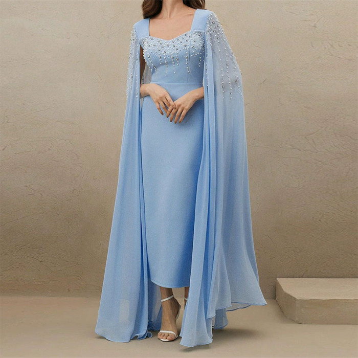 Elegant V-neck Chiffon Evening Dress Women Fashion Beaded Rhinestones Slim Long Dress Sexy Split Long Sleeve Solid Party Dress