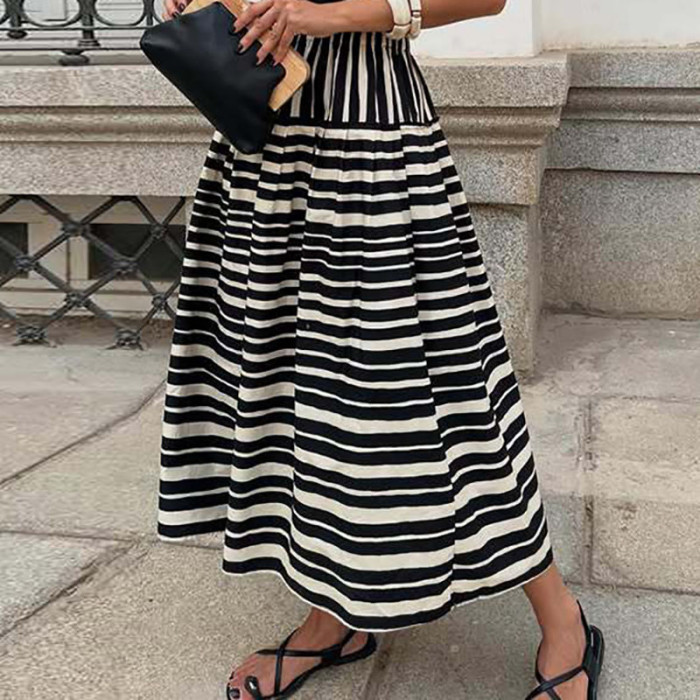 Spring Fall Casual Big Swing Party Skirt Fashion Striped Printed Half Skirt For Women Elegant Hight Waist Draped Bohe Long Skirt