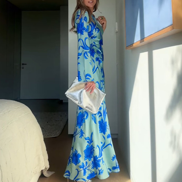 Fashion High Waisted Hollow Bohe Dress Elegant Blue Floral Print Draped Women Dress Sexy Slanted Neck Long Sleeve Holiday Dress