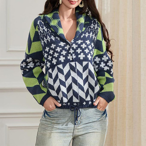 Autumn Elegant Soft Hooded Jacket Women Fashion Pattern Print Loose Short Coats Winter Casual Long Sleeve Pocket Knit Outercoat