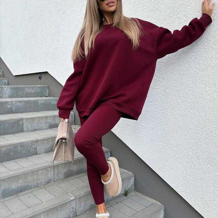 Autumn Winter Solid Color Sportswear Tracksuit Women Casual Round Neck Sweatshirt and Slim Pant Set Long Sleeve 2pcs Suit Outfit
