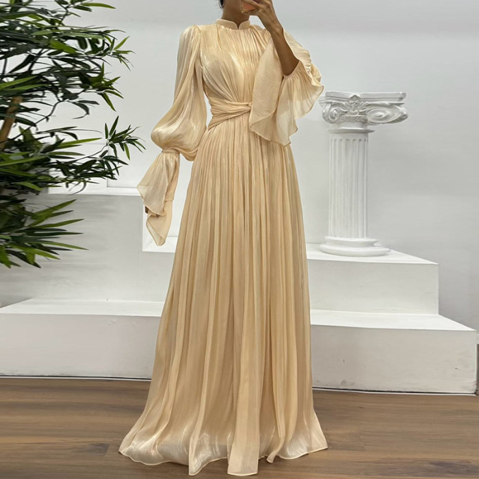 French Style Satin Flare Sleeve Pleat Evening Dress Elegant Lady O-neck High Waist Banquet Dress Casual Simple Solid Color Dress