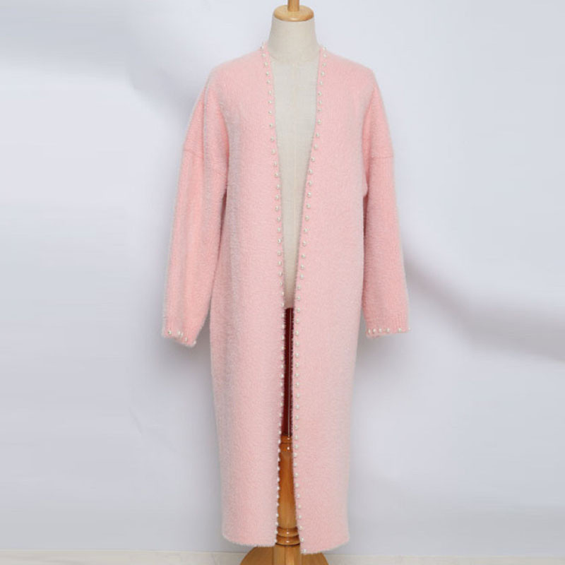 Elegant Beaded Mink Fleece Long Cardigan Autumn Winter Casual Long Sleeve Loose Design  Outercoat Women Fashion Solid Knit Coat