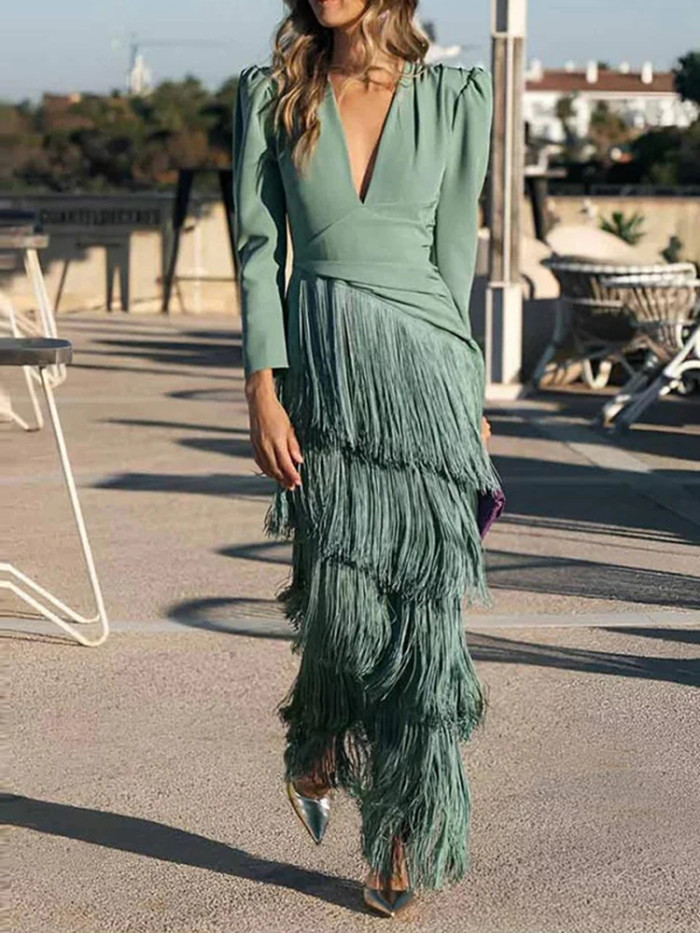 Chic High Waist Pleated Tassel Hem Dress Fashion Solid Color Women Banquet Dresses French Style V-neck Long Sleeve Evening Dress