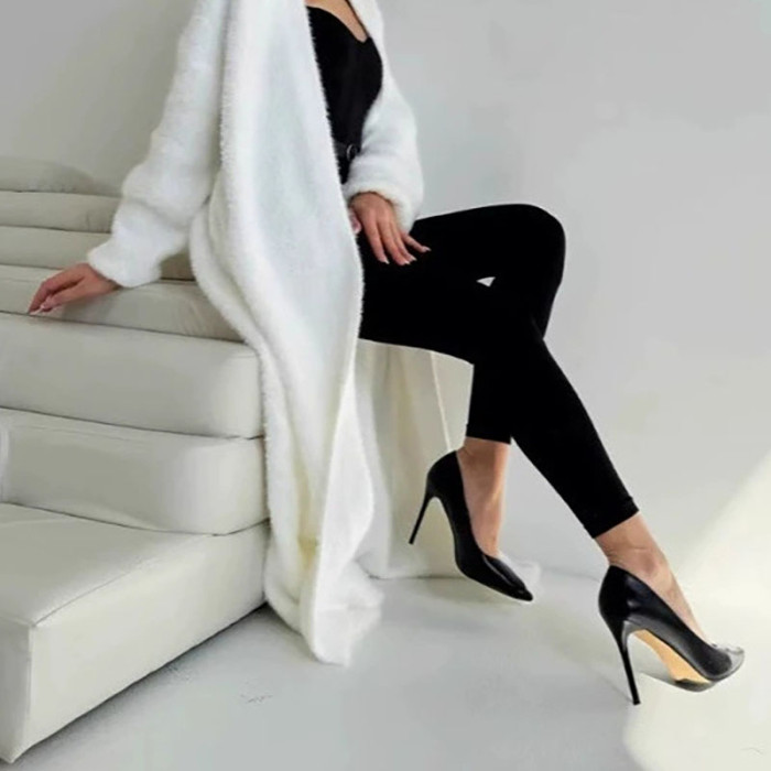 Trendy Simple Lady Long Knitted Coat Leisure V-neck Long Sleeve Fur Cardigans Fall Winter New Lady Solid Color Commute Outerwear