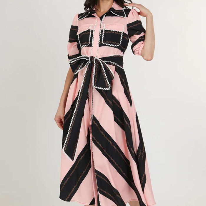 Fashion Striped Splicing Lace-Up Shirt Dress Women Elegant Lapel Collar Commute Party Dress Casual Half Sleeve Pleat Long Dress