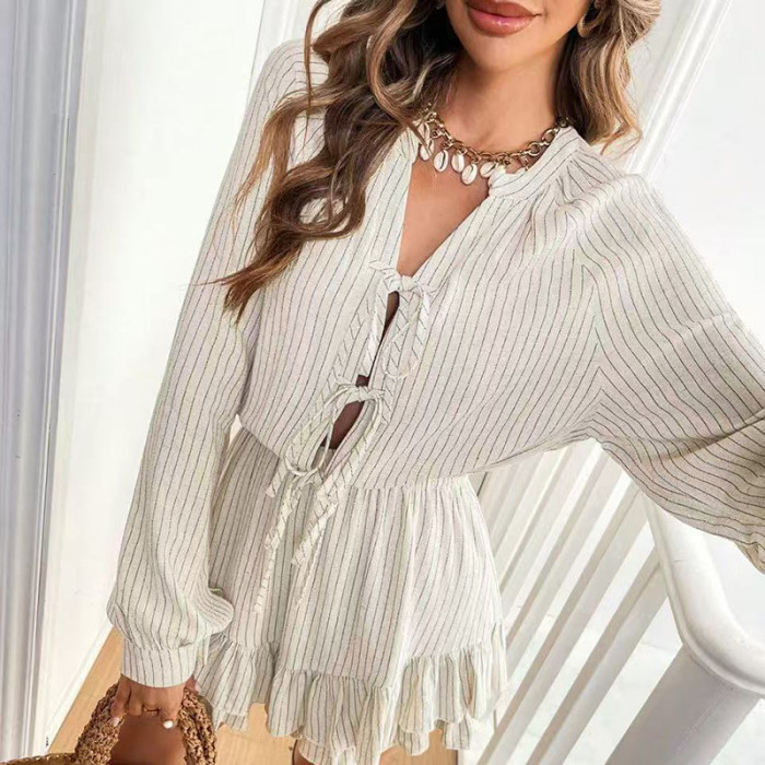 Elegant Lady Simple Loose Commute Mini Dress Leisure Stripe Printed Linen Short Dress Autumn New Long Sleeve V-neck Tie Up Dress