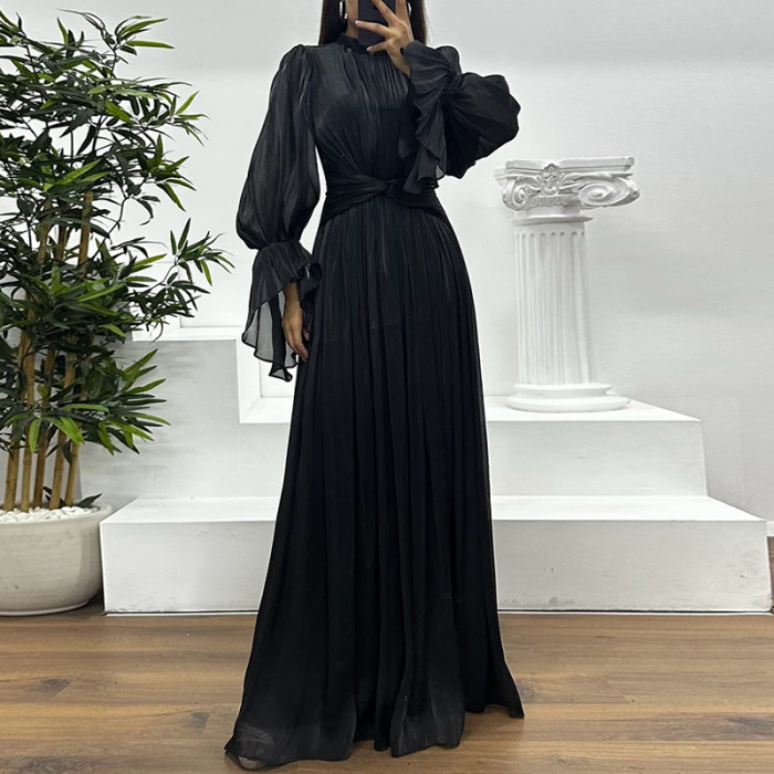 French Style Satin Flare Sleeve Pleat Evening Dress Elegant Lady O-neck High Waist Banquet Dress Casual Simple Solid Color Dress