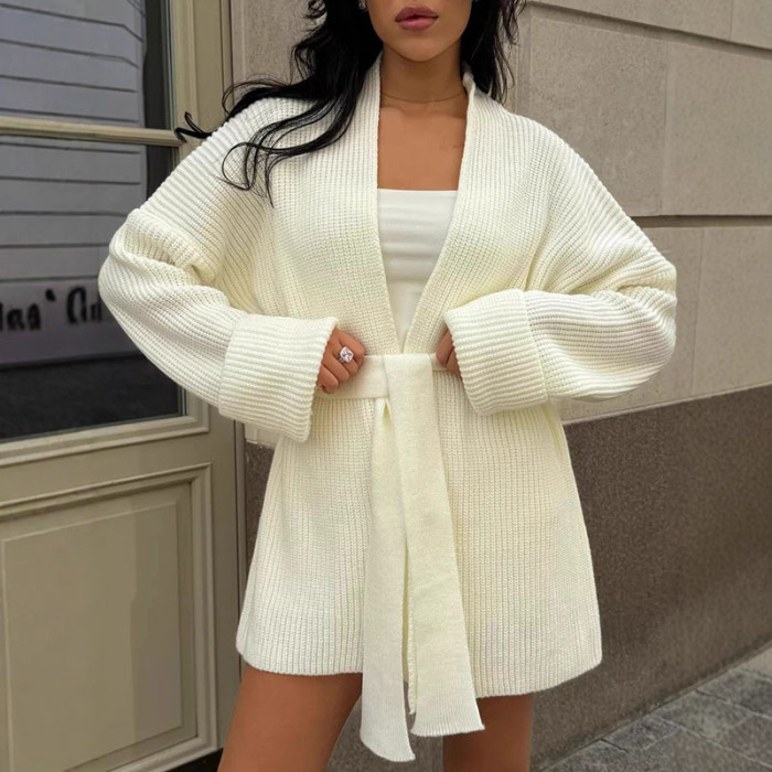 Autumn Winter Casual Sweater Outercoat 2025 Elegant V-neck Long Sleeve Cardigan Coat Women Fashion Lace-Up Solid Loose Cardigan