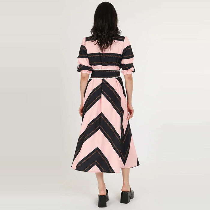 Fashion Striped Splicing Lace-Up Shirt Dress Women Elegant Lapel Collar Commute Party Dress Casual Half Sleeve Pleat Long Dress