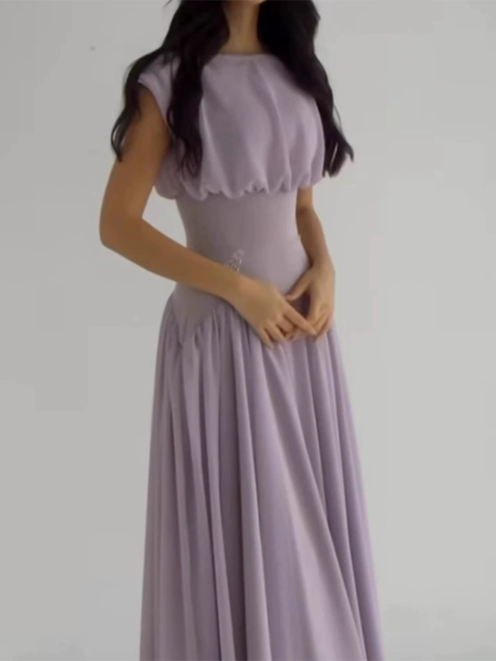 Elegant O-neck Sleeveless Slim Banquet Dress Summer New Chiffon Long Dress for Women Temperament Simple Mesh Pleat Evening Dress