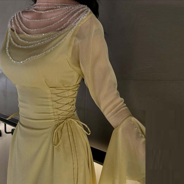 Fashion Skew Collar High Waist Pleat Evening Dress Lady Solid Color Slim Dress Sexy Beading Decoration Long Sleeve Evening Dress
