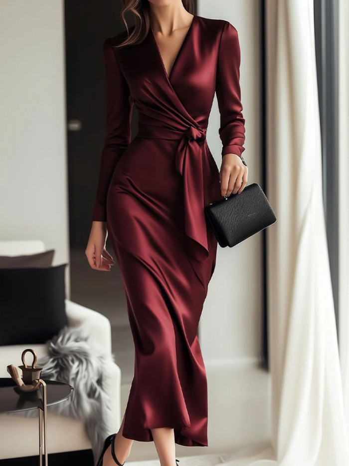 Autumn Women's Sexy V-neck Satin Long Dress Fashion Hight Waist Lace-Up Party Dress Casual Long Sleeve Pleated Solid Maxi Dress