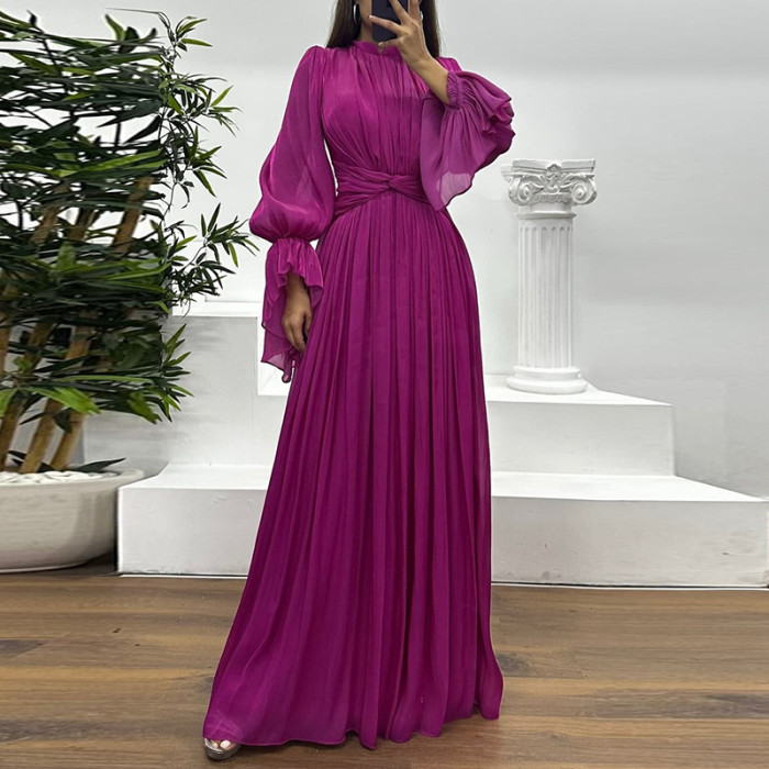 French Style Satin Flare Sleeve Pleat Evening Dress Elegant Lady O-neck High Waist Banquet Dress Casual Simple Solid Color Dress