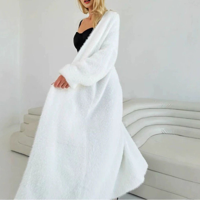Trendy Simple Lady Long Knitted Coat Leisure V-neck Long Sleeve Fur Cardigans Fall Winter New Lady Solid Color Commute Outerwear