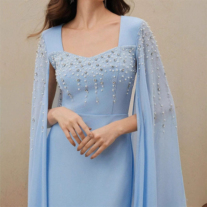 Elegant V-neck Chiffon Evening Dress Women Fashion Beaded Rhinestones Slim Long Dress Sexy Split Long Sleeve Solid Party Dress