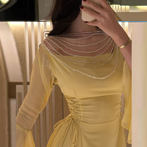 Fashion Skew Collar High Waist Pleat Evening Dress Lady Solid Color Slim Dress Sexy Beading Decoration Long Sleeve Evening Dress