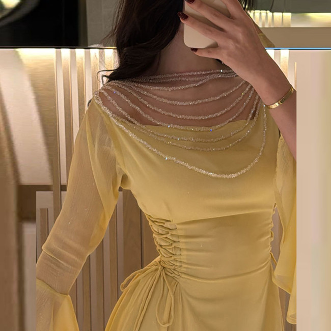 Fashion Skew Collar High Waist Pleat Evening Dress Lady Solid Color Slim Dress Sexy Beading Decoration Long Sleeve Evening Dress