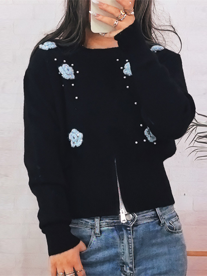 Fashion Dimensional Flower Pearl Pullover Jumper Women Casual Long Sleeve Slim Knitted Tops Elegant Round Neck Commuter Sweater