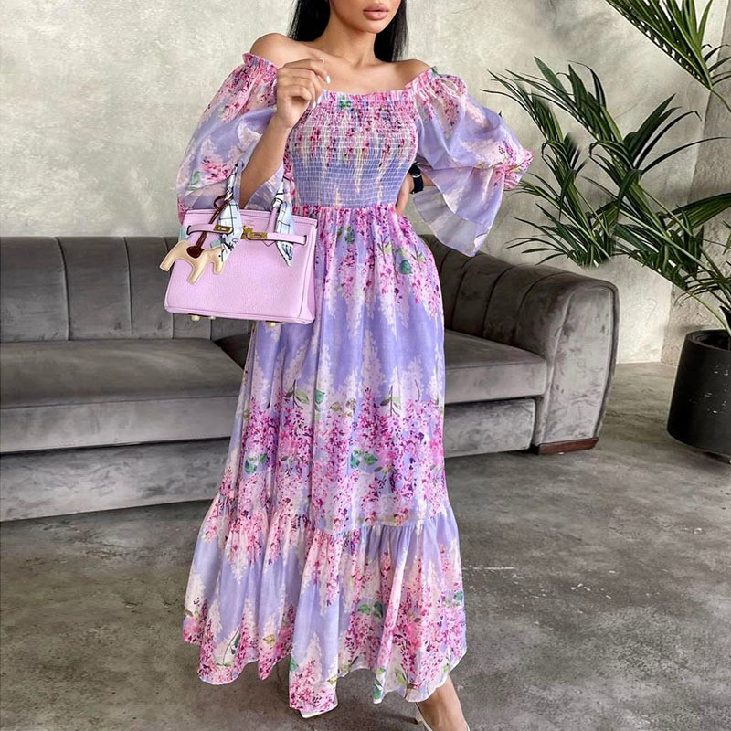 Autumn New Long Sleeve Big Hem Dress Sexy One-shoulder Floral Printed Party Dress Elegant Lady Elastic Waist Pleat Evening Dress