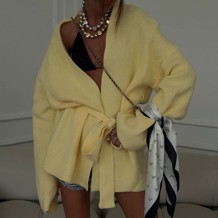 Autumn Winter Casual Sweater Outercoat 2025 Elegant V-neck Long Sleeve Cardigan Coat Women Fashion Lace-Up Solid Loose Cardigan