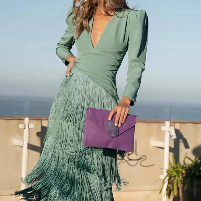 Chic High Waist Pleated Tassel Hem Dress Fashion Solid Color Women Banquet Dresses French Style V-neck Long Sleeve Evening Dress