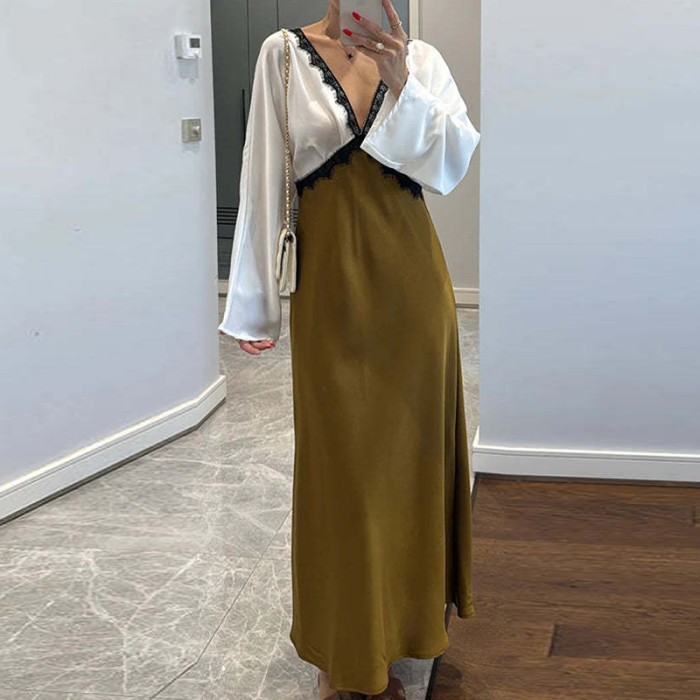 Elegant Satin Long Sleeve Fit Banquet Dress Autumn Women Commute Long Dress Sexy Lace Spliced V-neck Color Blocked Evening Dress